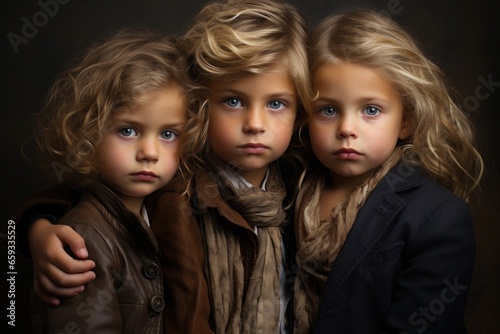 Portrait of triplet children on black background