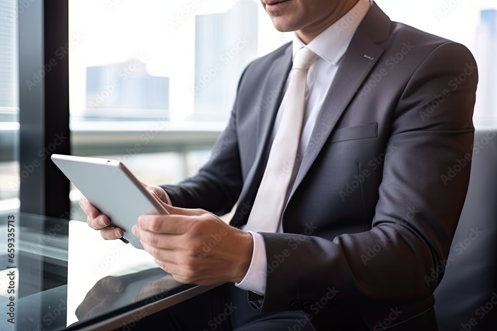 Businessman holding digital tablet in the office. Business and technology concept Businessman holding digital tablet in the office. Business and technology concept