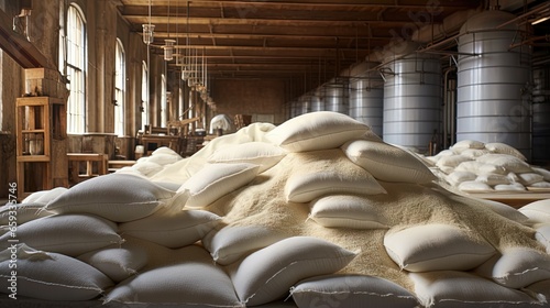 In a warehouse factory of bags rice grain, groats and a flour is prepared for sending to the consumer.