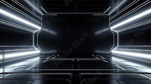 Futuristic digital hallway space blank gray-black color background with white grid space line color surfaces. Cyber, technology, banners, covers, terrain, sci-fi, frames, and related background.