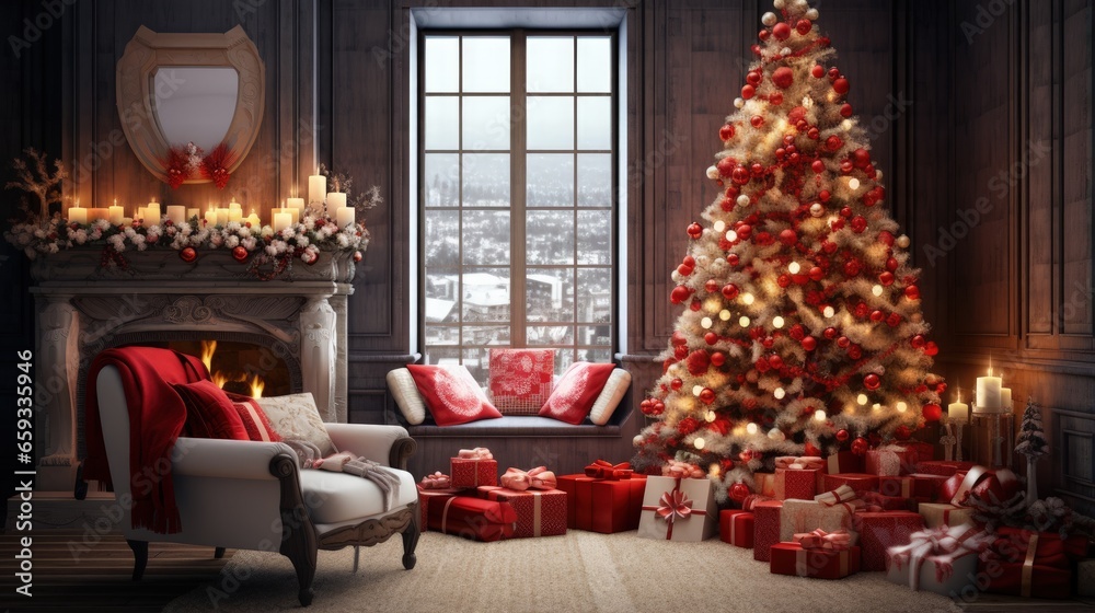 Interior of beautiful room decorated for Christmas Interior of beautiful room decorated for Christmas