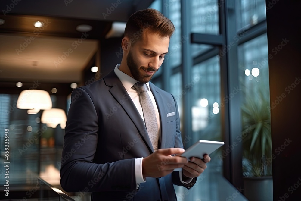 Businessman holding digital tablet in the office. Business and technology concept Businessman holding digital tablet in the office. Business and technology concept
