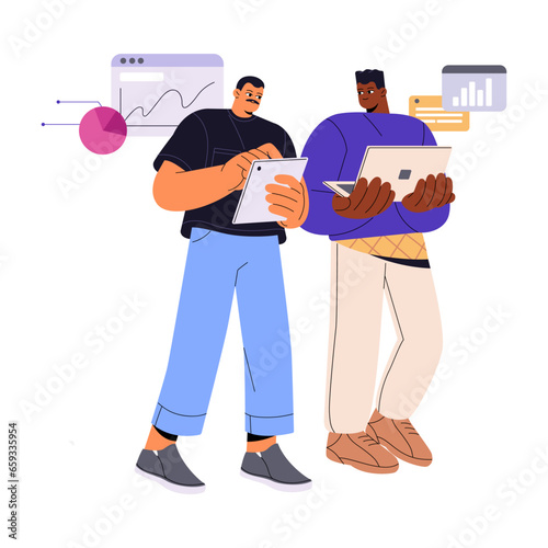 Business analysis teamwork. People research information. Analysts evaluate performance quality. Researchers team benchmarking KPI of project. Management flat isolated vector illustration on white