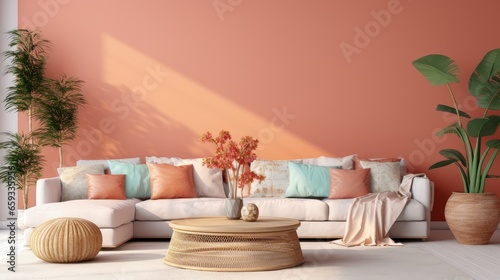Boho cozy living room design  bright wall mockup  3d render  3d illustration