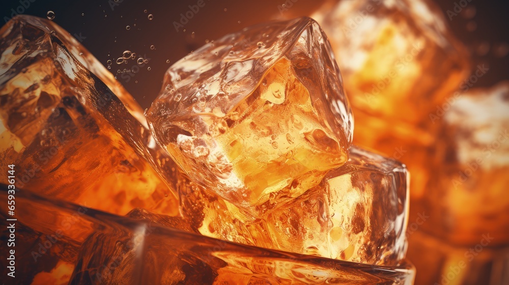 Closeup view of soda water with ice. Toned in orange Closeup view of soda water with ice. Toned in orange