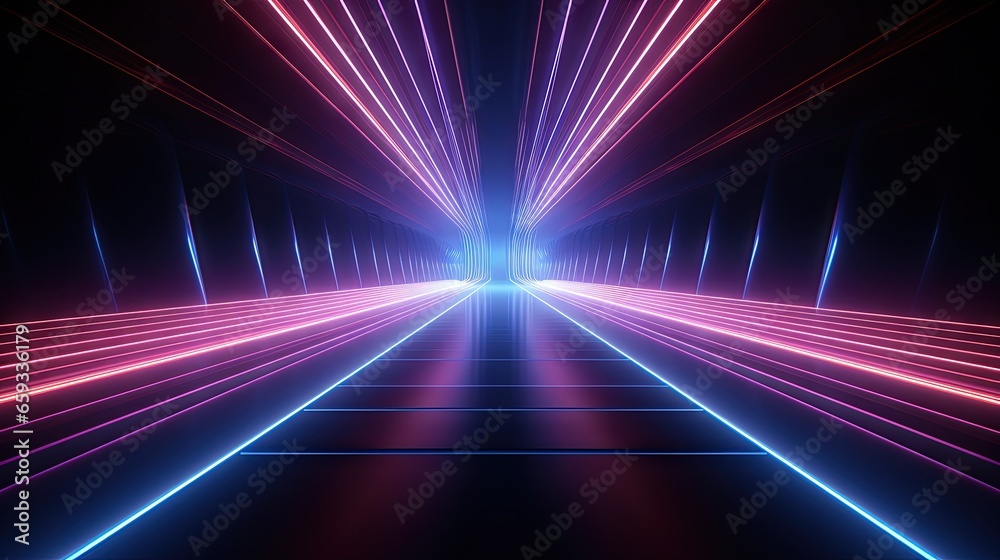Fototapeta premium Sci Fy neon glowing lines in a dark tunnel. Reflections on the floor and ceiling. Empty background in the center. 3d rendering image. Abstract glowing lines. Techology futuristic background.