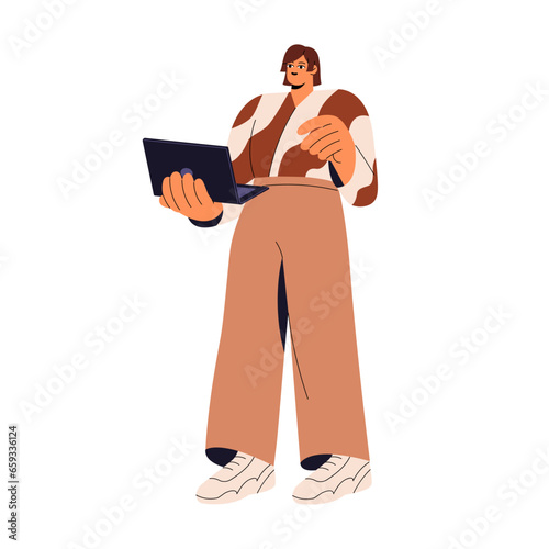 Young woman standing, hold laptop, computer in hand. Online education. Remote work on freelance. Business management. Girl communicate, study in internet. Flat isolated vector illustration on white