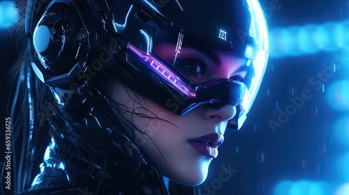 Realistic portrait of a sci-fi neon cyberpunk girl in a cyber suit. High-tech futuristic man from the future. The concept of virtual reality and cyberpunk. 3D render. 3D Illustration