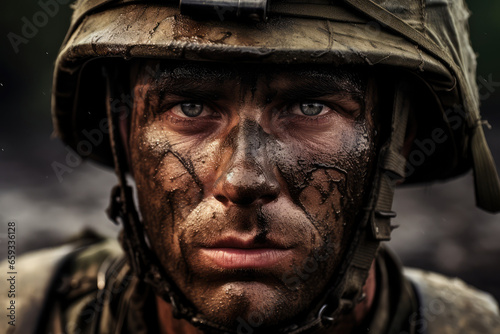 portrait of soldier covered in mud looking at camera in the rain
