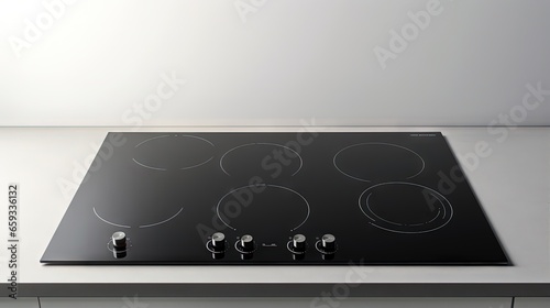 Flat cooktop cooking induction electric built black stove. Grey countertop with black glossy built in ceramic tempered glass induction or electric hob stove cooker with four burners in kitchen.