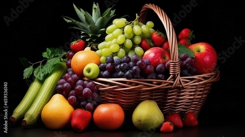 Composition with assorted fruits in wicker basket isolated on white