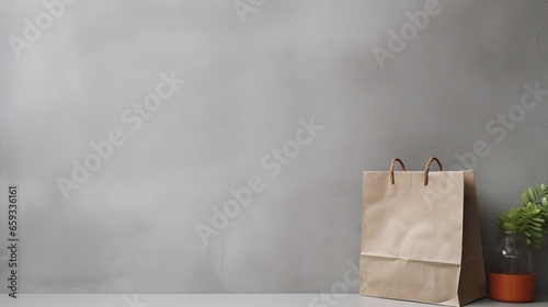 Banner Paper bag with eco friendly products on gray concrete