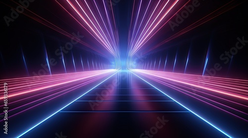 Sci Fy neon glowing lines in a dark tunnel. Reflections on the floor and ceiling. Empty background in the center. 3d rendering image. Abstract glowing lines. Techology futuristic background.