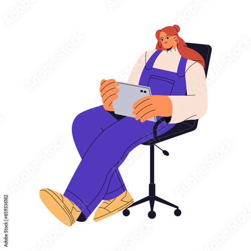 Freelance employee sitting on chair, hold tablet in hand. Student study using modern technology. Woman work remote. Girl watching movie on device. Flat isolated vector illustration on white background