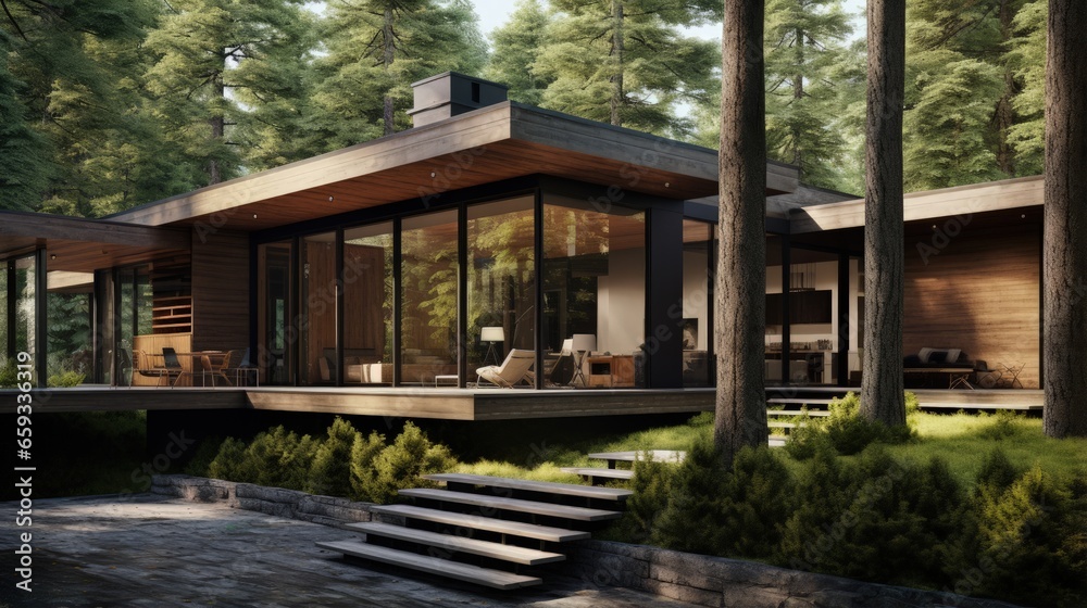 3d rendering of a wooden modern house in the woods 3d rendering of a wooden modern house in the woods