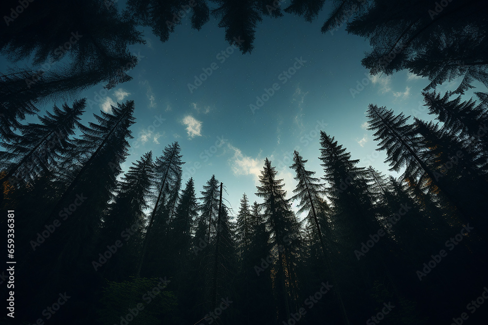 Low Angle Shot of Pine Trees Silhouette in Forest AI Generative - obrazy, fototapety, plakaty 