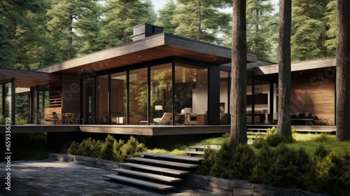 3d rendering of a wooden modern house in the woods © HN Works