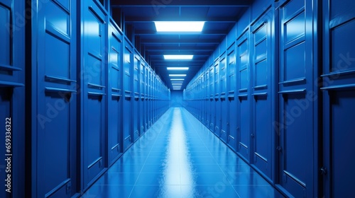 Hallway with blue storage units. Blue phantom colors