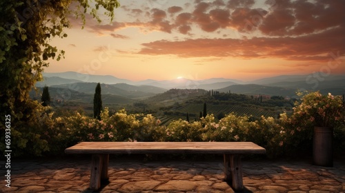 empty wooden table on the background of vines, tuscan landscape at sunrise