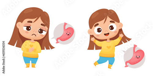 Health and disease. Sad and sickly girl with stomach pains. And happy female character with healthy stomach organ. Vector illustration in cartoon style for kids collection, medical theme design.