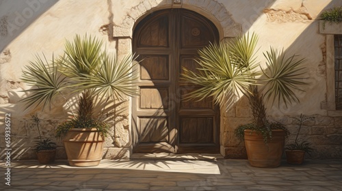 The aesthetically beautiful exterior of a building in Sicily, Italy. Two yucca palms in pots in front of a doorway. Entrance to the old stone villa in the rays of the sun. © HN Works