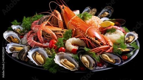 Seafood platter. Seafood on a large plate. Assorted seafood from mussels  oysters  crab  shrimp
