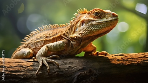 Oriental Garden Lizard on a branch, basking in the sun. This reptile with intricate scales is often found in Southeast Asia and makes for a great nature shot. © HN Works