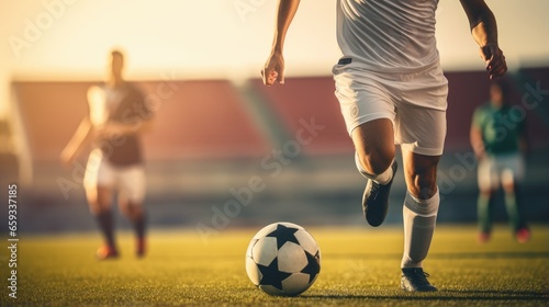 Soccer player in action on the soccer stadium.Man playing football on sunset.Football and sport championship concept. photo
