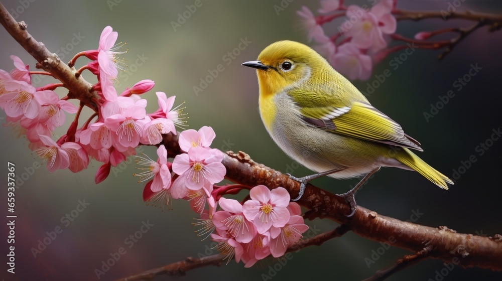 Zosterops japonicus, a Small Chirping Bird of the White-eye Family, Perched on a Tree Zosterops japonicus, a Small Chirping Bird of the White-eye Family, Perched on a Tree