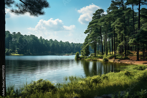 Generative AI Image of Green Nature Landscape with Lake and Pine Trees in Bright Day #659337313