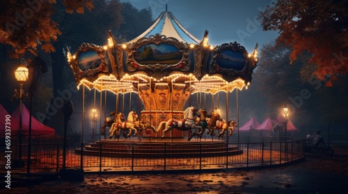 A carousel in an empty amusement park on an autumn evening A carousel in an empty amusement park