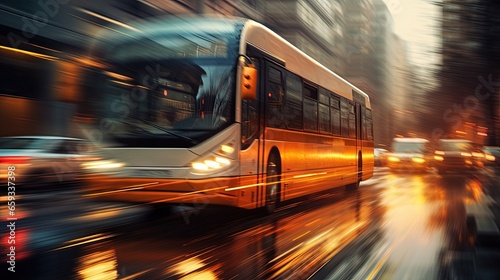 driving bus in city traffic in motion blur