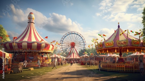 Daytime British colorful carnival fair amusement park rides