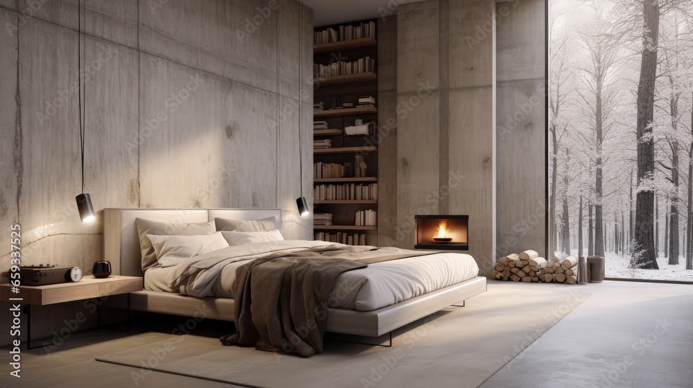 3D rendering of modern villa bedroom with concrete walls and tidy bed 3D rendering of modern villa bedroom with concrete walls and tidy bed