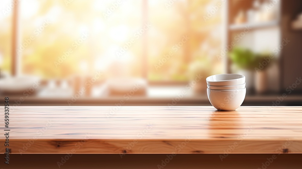 Empty beautiful wood table top counter and blur bokeh modern kitchen interior background in clean and bright,Banner, Ready for product montage Empty beautiful wood table top counter and blur bokeh modern kitchen interior background in clean and bright,Banner, Ready for product montage
