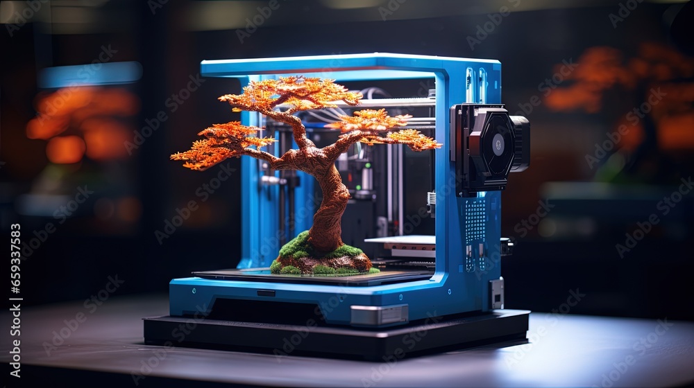 3d printer at work on a bonsai tree table. 3d printer prints head, advertising photo blue and orange light. High quality photo - obrazy, fototapety, plakaty 
