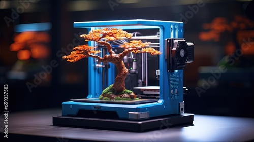 3d printer at work on a bonsai tree table. 3d printer prints head, advertising photo blue and orange light. High quality photo photo