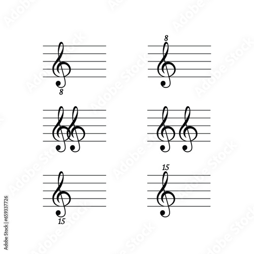 Octave clefs on staff set flat vector isolated on white background. Black musical notation symbol. Music concept.