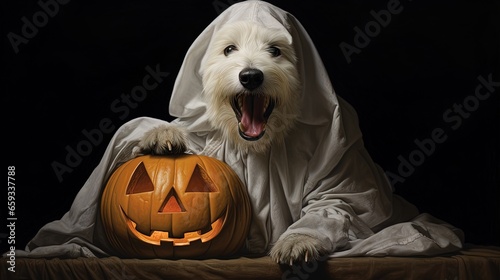 dog in a ghost costume holding a pumpkin in mouth