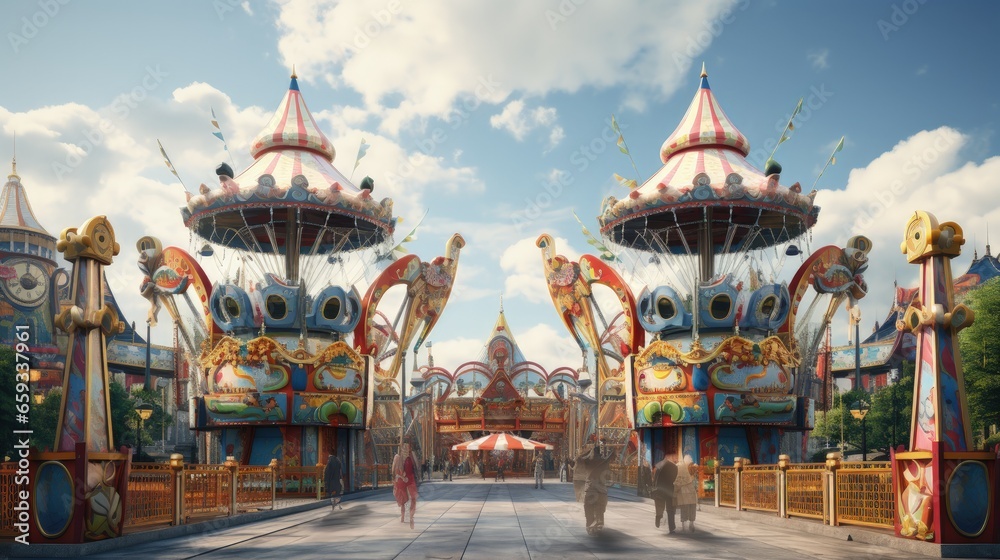 Daytime British colorful carnival fair amusement park rides - obrazy, fototapety, plakaty 