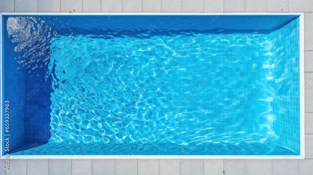 top view of a beautiful idyllic rectangular swimming pool with blue mosaic at the bottom