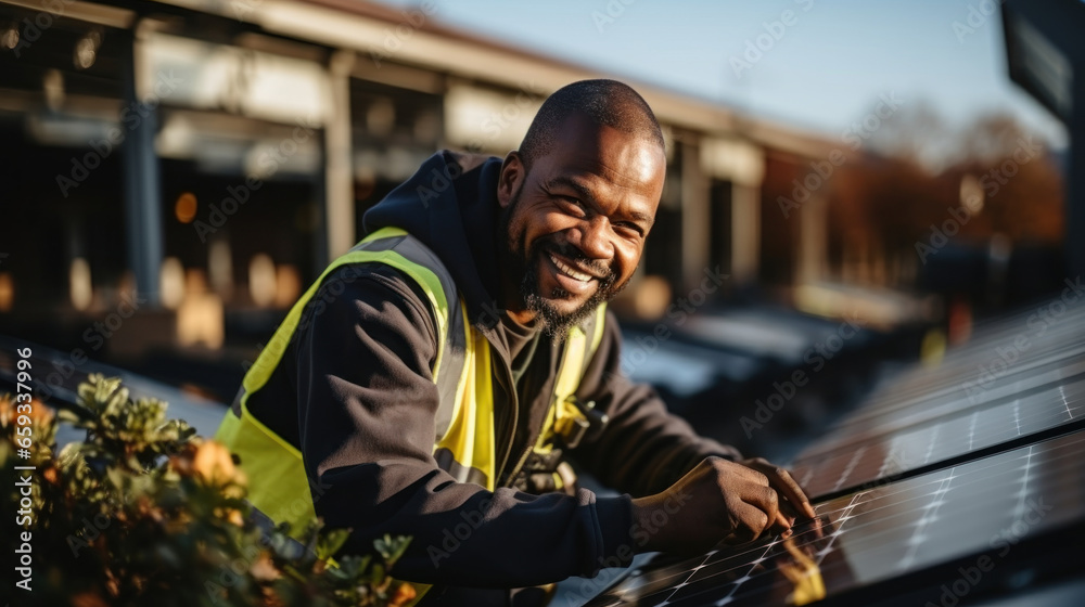 Smiling african american worker installing solar panel on roof of building. Smiling african american worker installing solar panel on roof of building.