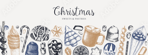 Christmas food background. Christmas market design template. Hand-drawn vector illustration. Hot drinks, candies, cookies, pastries sketches. Winter holiday menu border. Seamless pattern