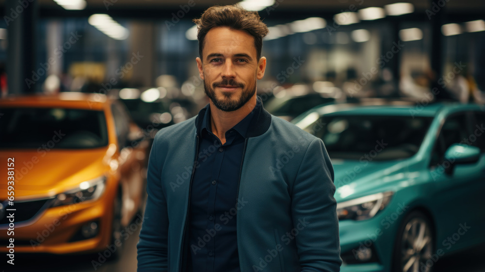 Handsome young man looking at camera and smiling while standing in auto showroom.