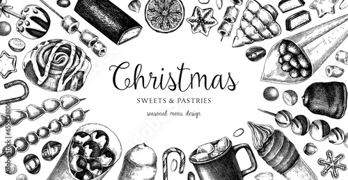 Christmas food background. Christmas market design template. Hand-drawn vector illustration. Hot drinks, candies, cookies, pastries sketches. Winter holiday menu. Sweet food vintage frame