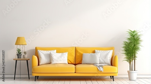 Living room wall mockup in bright tones with have sofa and lamp with white wall background.3d rendering
