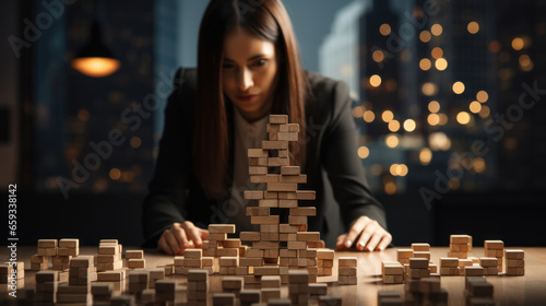 Businesswoman building tower of wooden cubes. Risk and strategy concept. photo