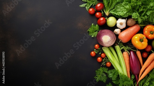 Young spring vegetables on black chalkboard from above. Background layout with free text space. Carrots, tomatoes, zucchini, leek, radish, celeriac, parsley and basil - fresh harvest from the garden.
