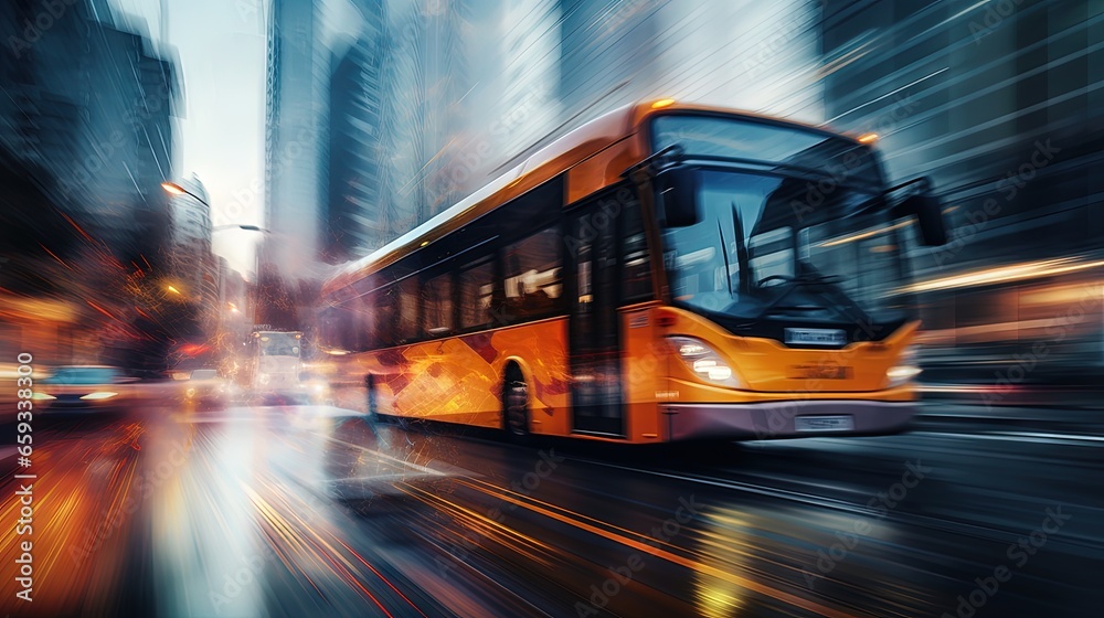 driving bus in city traffic in motion blur