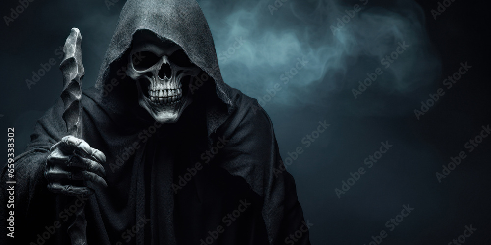 A close-up shot of the Grim Reaper draped in a long black hooded cloak, exuding a chilling and terrifying aura. An impeccable choice for Halloween. A close-up shot of the Grim Reaper draped in a long black hooded cloak, exuding a chilling and terrifying aura. An impeccable choice for Halloween.